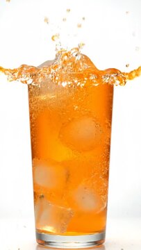 Dramatic high-speed close-up of a vibrant orange carbonated soda splashing spectacularly out of a tall glass, highlighted by visible bubbles and fresh ice cubes against a clean white background.