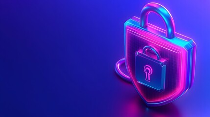 Isometric glowing digital security symbol features an unlocked padlock overlaid on a protective shield against a dark blue background.