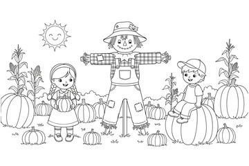 Fototapeta premium A cheerful scarecrow stands guard over a bountiful harvest of pumpkins, with two smiling children enjoying the autumnal festivities
