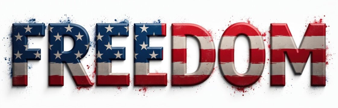 Text reads FREEDOM in bold letters. Letters display American flag pattern stars and stripes. White background with red and blue paint splatters around text. Patriotic US graphic art.