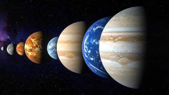 A vibrant depiction of the solar system's planets aligned against a cosmic background.