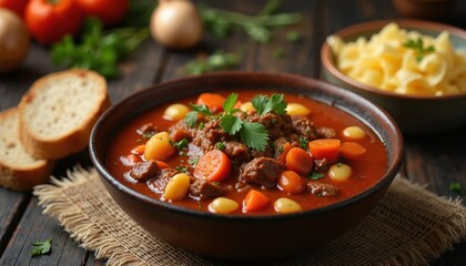 Hearty Hungarian goulash stew in a bowl, rich with tender beef, carrots, potatoes and spices. Served with fresh bread slices and a side of noodles. Delicious comfort food.
