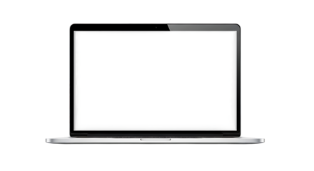 A silver laptop with a blank screen ideal for mockups on transparent background