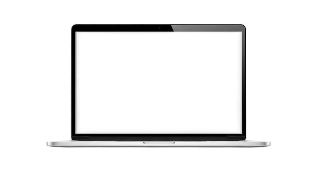 A silver laptop with a blank screen ideal for mockups on transparent background