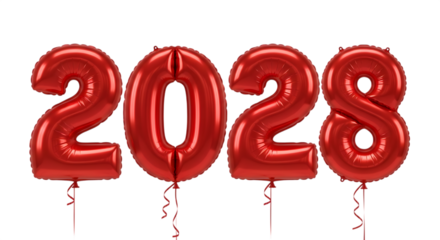 Red foil balloons spelling 2028 celebratory design on transparent background