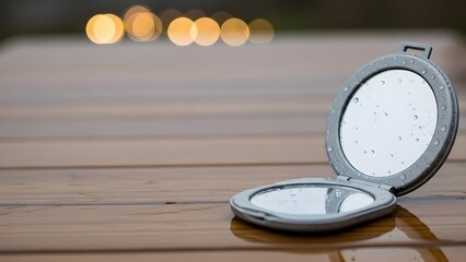 A small round mirror sitting on a wet wooden table outdoors at night