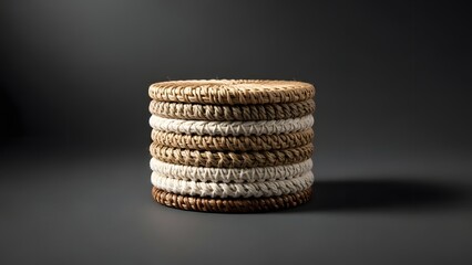 A stack of woven baskets on a dark background