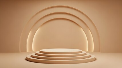 Obraz premium Elegant minimalist circular podium in a warm, monochromatic beige studio, featuring a tiered display platform against subtly backlit arched walls, perfect for product presentation.