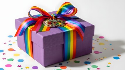 A purple gift box with a rainbow ribbon and confetti on a white background