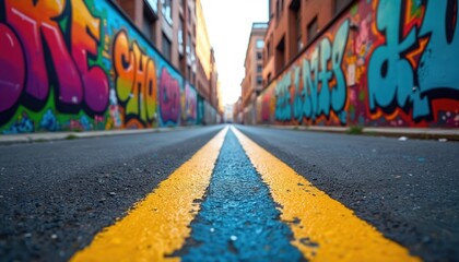 Naklejka premium Perspective view down city alleyway lined with vibrant graffiti murals. Asphalt road features bright yellow and blue lane markings. Buildings rise on either side of the urban street.