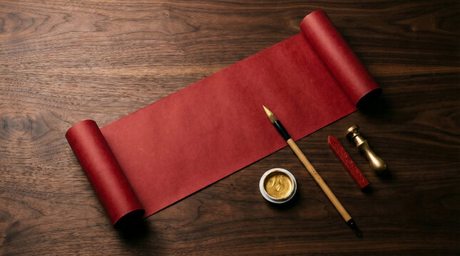 Top down view of blank red paper scroll mockup on dark wood table with calligraphy brush and gold ink, copy space for Chinese New Year or traditional art.