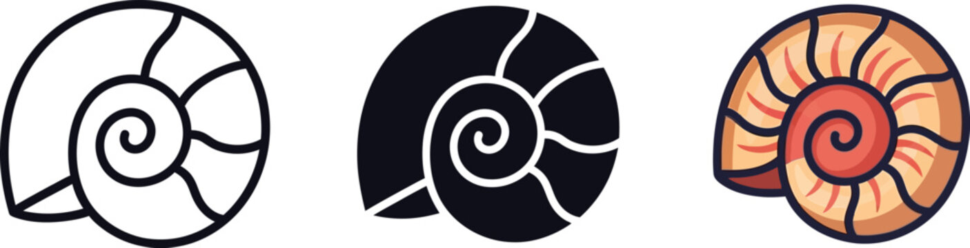 Collection of spiral shell designs including outline, silhouette, and colored illustration isolated on white background, Vector