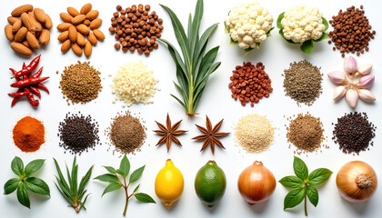 Fototapeta premium Assortment of culinary ingredients including spices, herbs, nuts, and vegetables arranged on white background. Offers variety for cooking, healthy eating, or global cuisine themes.
