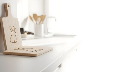 A wooden cutting board with a bunny design on a white kitchen counter