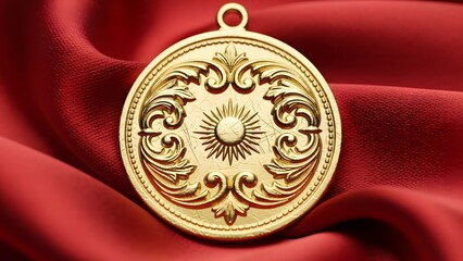 A gold pendant with an intricate sun design on red fabric
