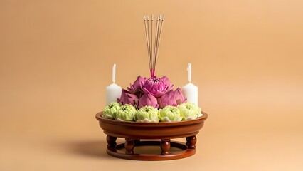 A serene arrangement of flowers, candles, and incense sticks on a wooden tray