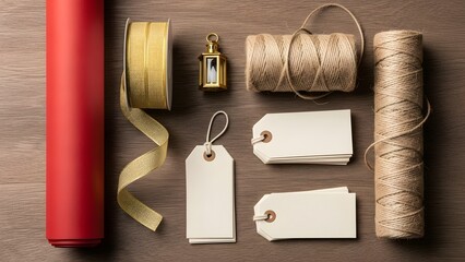 A collection of crafting supplies on a wooden surface