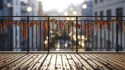 A city balcony with a black metal railing decorated with colorful ribbons