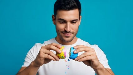 A man holding colorful eggs in front of a blue background