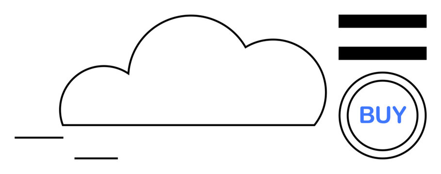 Minimalistic cloud outline with buy button and parallel lines conveying movement. Ideal for technology, e-commerce, digital services, cloud solutions, innovation, scalability, simple flat metaphor