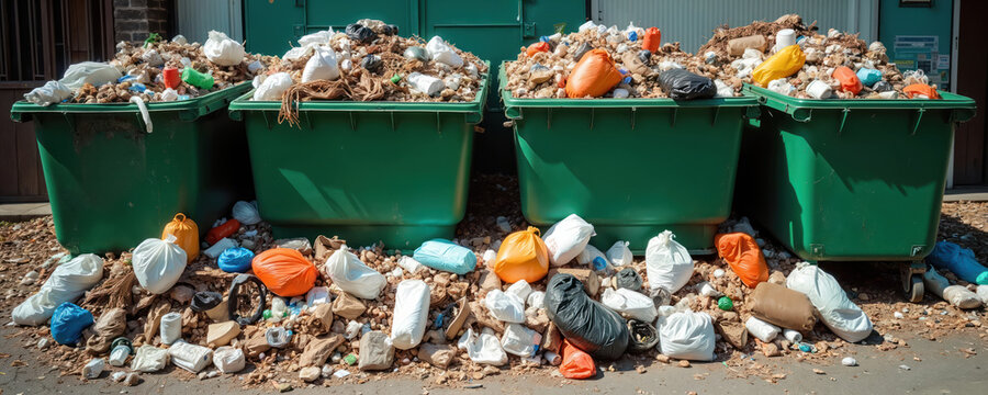 Four green dumpsters overflow with household garbage. Rubbish bags spill onto ground. Unsorted waste includes plastic bottles, paper, food scraps, and metal. Piles of refuse show bad waste management.