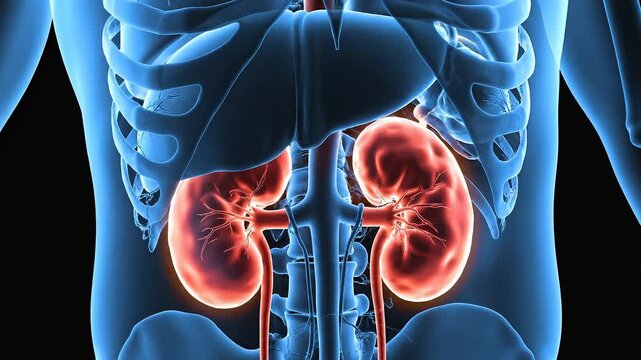 Detailed 3D Medical Animation of Human Kidneys and Urinary System.