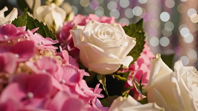 Close-up of a beautiful bouquet of pink hydrangeas and white roses with bokeh background