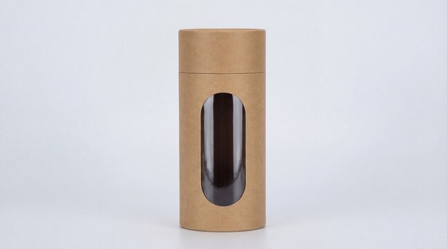 Brown cardboard cylindrical tube with a clear oval window on a white background cylinder