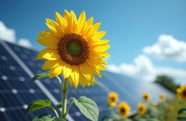 Bright yellow sunflower grows near photovoltaic panels. Blue sky, white clouds, sunshine over green field. Nature meets tech, clean energy concept.