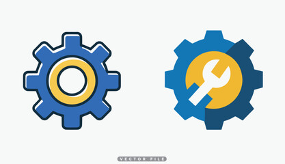 Blue Gear Icons with Yellow Center and Wrench for Mechanical Engineering and Industry Concepts