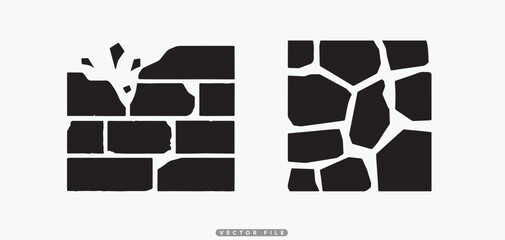Brick and Stone Wall Textures Silhouettes, Damaged and Regular Patterns, Graphic Elements
