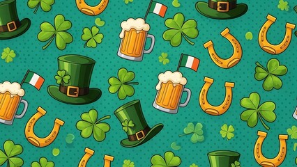Fototapeta premium St patrick's day celebration with shamrocks beer and leprechaun hats