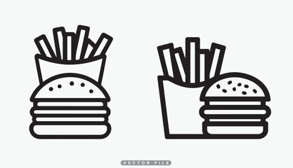 Burger and Fries Icon Set, Fast Food Meal Vector Graphics, Minimalist Food Symbols for Menus and Apps, Quick Bite