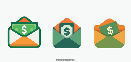 Money Envelope Icon Set: Dollar Bills Emerging from Open Envelopes