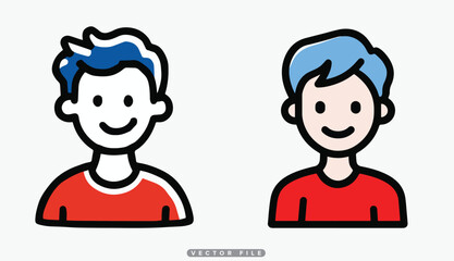 People Icons Set: Diverse Boys with Blue Hair in Red Shirts, Simple Vector Avatars for User Profiles and Community