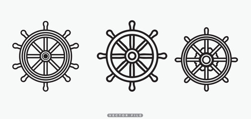 Set of ship"s steering wheels Nautical symbols Vector graphics Isolated on white background Marine theme