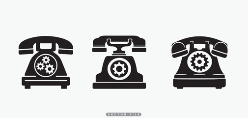 Set of three vintage rotary dial telephone icons with gear details, isolated on white background, technology concept
