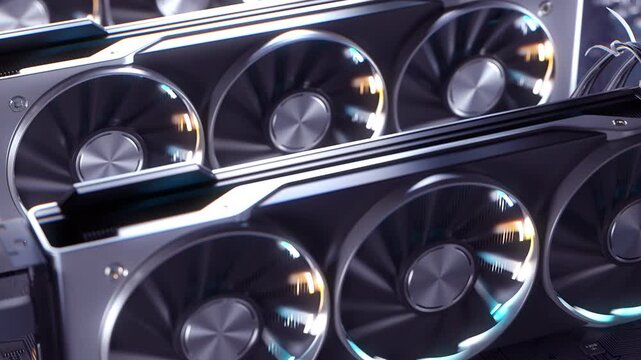 Row of GPU. Graphics processing units rack. 3d animation