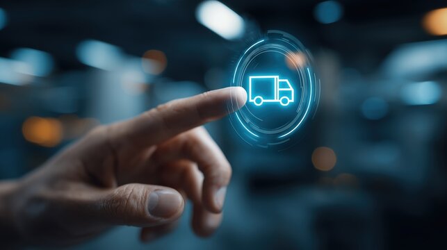 Finger touching a futuristic digital interface with a truck icon for logistics and delivery services