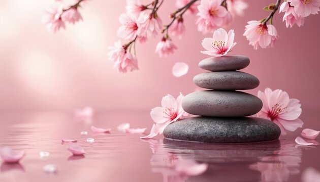 Stack of zen balance stones with pink cherry blossoms reflected on wet surface. Peaceful spa scene with delicate petals floating on calm water. Serene springtime beauty promoting relaxation, well.