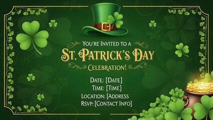 Fototapeta premium St patricks day celebration invitation with shamrocks and leprechaun hat