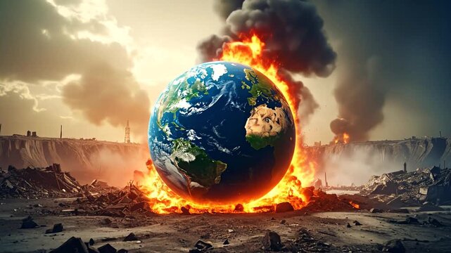 A globe engulfed in flames with a post-apocalyptic scene featuring smoke, ruins, and desolate landscape