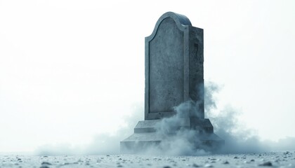 Old stone tombstone in fog. Textured monument stands alone on desolate ground. Mysterious mist swirls around grave marker. Dark fantasy scene, eerie mood.