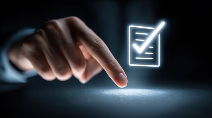 Hand touching a glowing checklist icon on a dark background, representing task completion and success