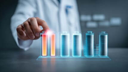Scientist examines holographic battery charge levels, indicating energy storage and research progress