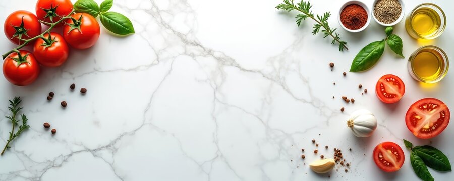 Tomatoes garlic herbs and spices arranged on white marble surface. Olive oil in glasses beside seasoning. Fresh ingredients ready for cooking preparation. Culinary background with food items.