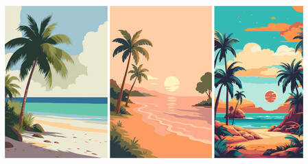 Set of three retro tropical beach landscapes. Minimalist sunset posters with palm trees, mountains, and ocean waves. Vector.