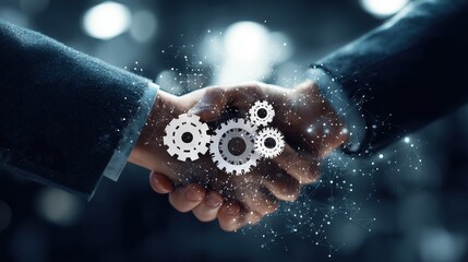 Business partnership handshake with gears and network connections symbolizing collaboration and success