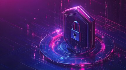 Glowing digital shield icon rests upon an illuminated platform amidst abstract technological background