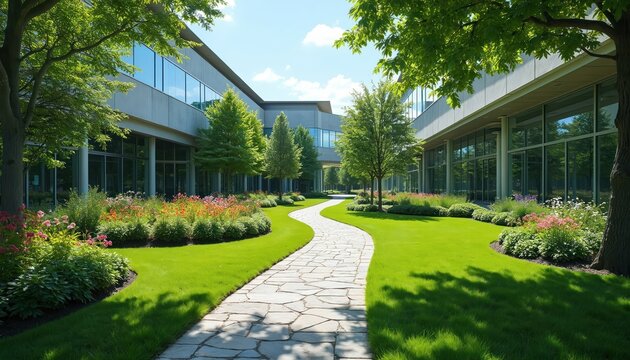 Modern office buildings feature courtyards with green lawns, colorful flowerbeds, stone pathways. Trees provide shade in tranquil business park setting. Space blends nature, architecture.